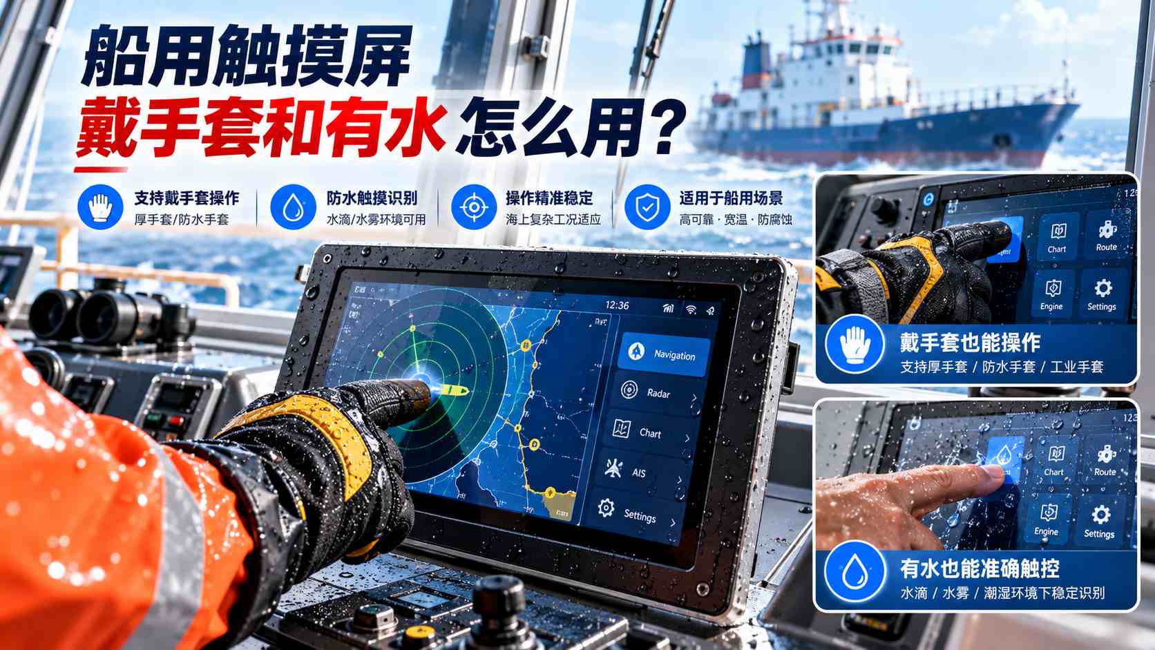 船用触摸屏戴手套和有水情况下,